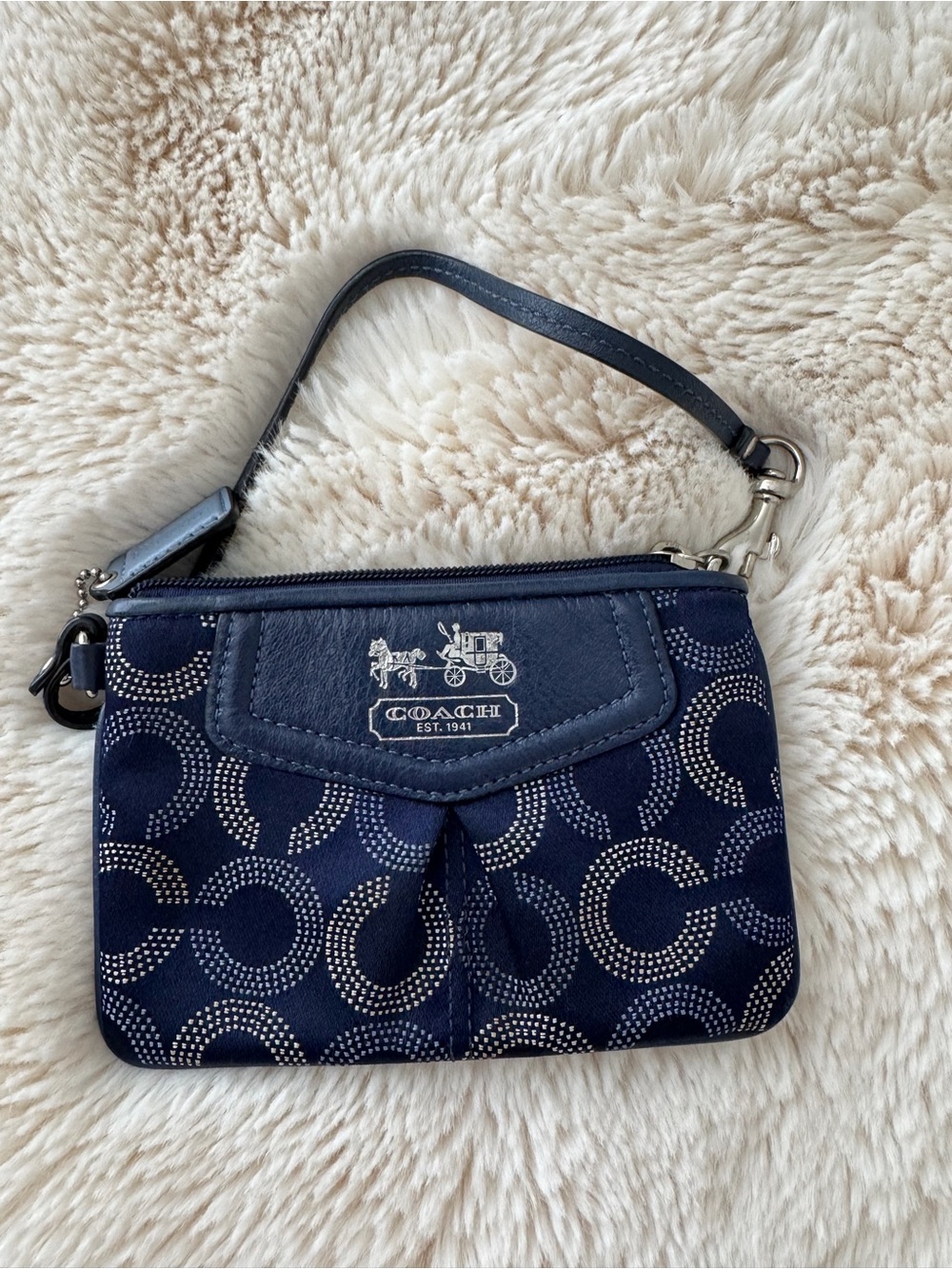 Coach Navy Signature C Wristlet with Leather Trim